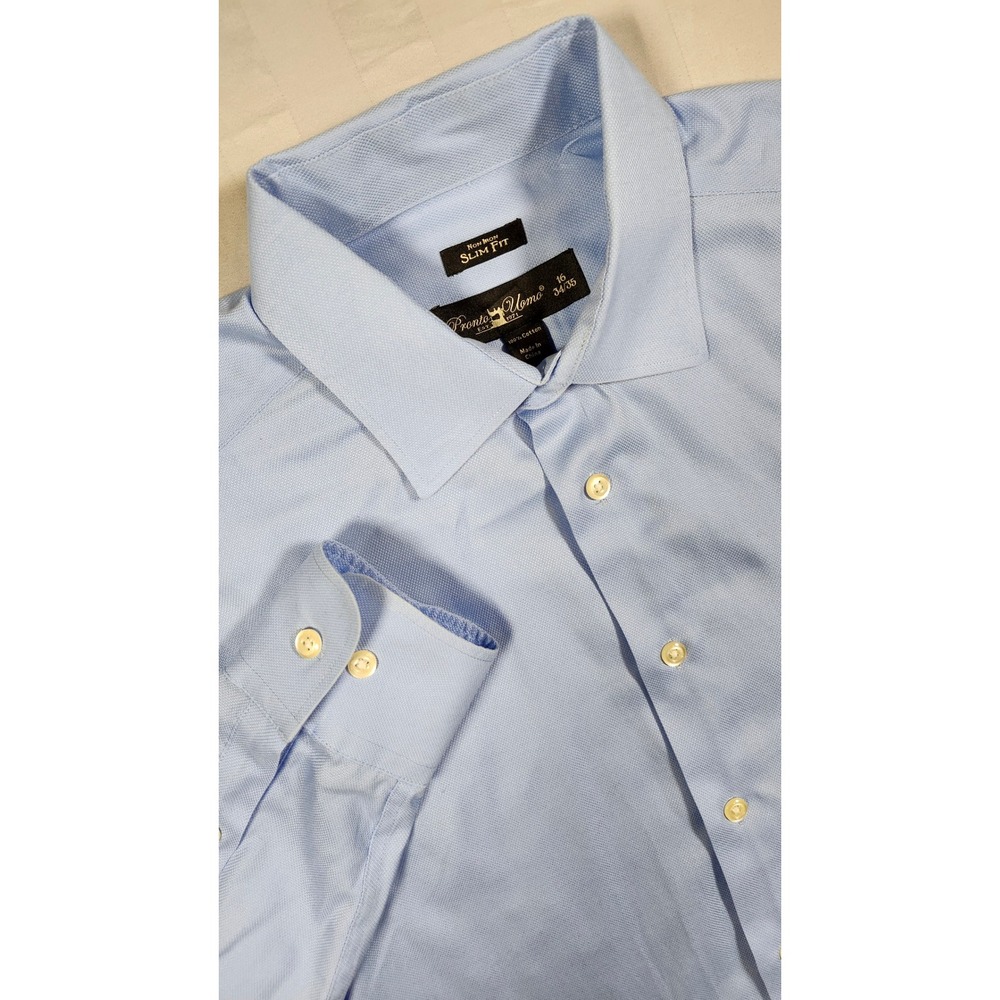 Pronto Uomo Slim Fit Non Iron Dress Shirt Light Blue Dobby 16 34/35 Mens 0038